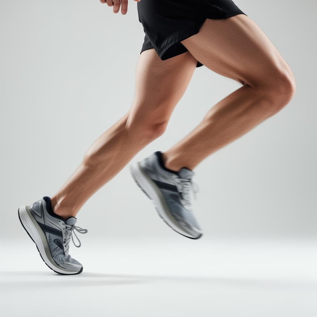 Close-up of a runner's lower limbs in motion — legs, feet and running shoes